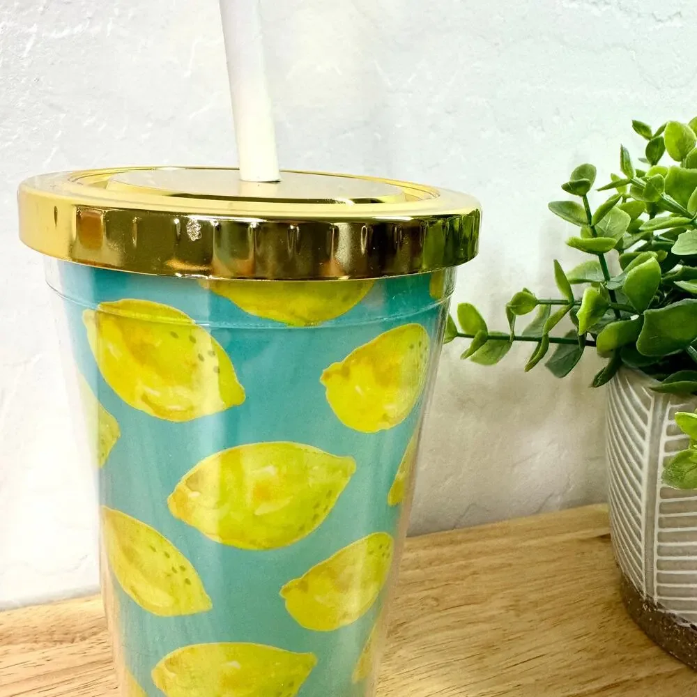 Lemon Mug Cup Glass Tumbler w/ Lid & Straw Water Coffee Soda School Office NEW